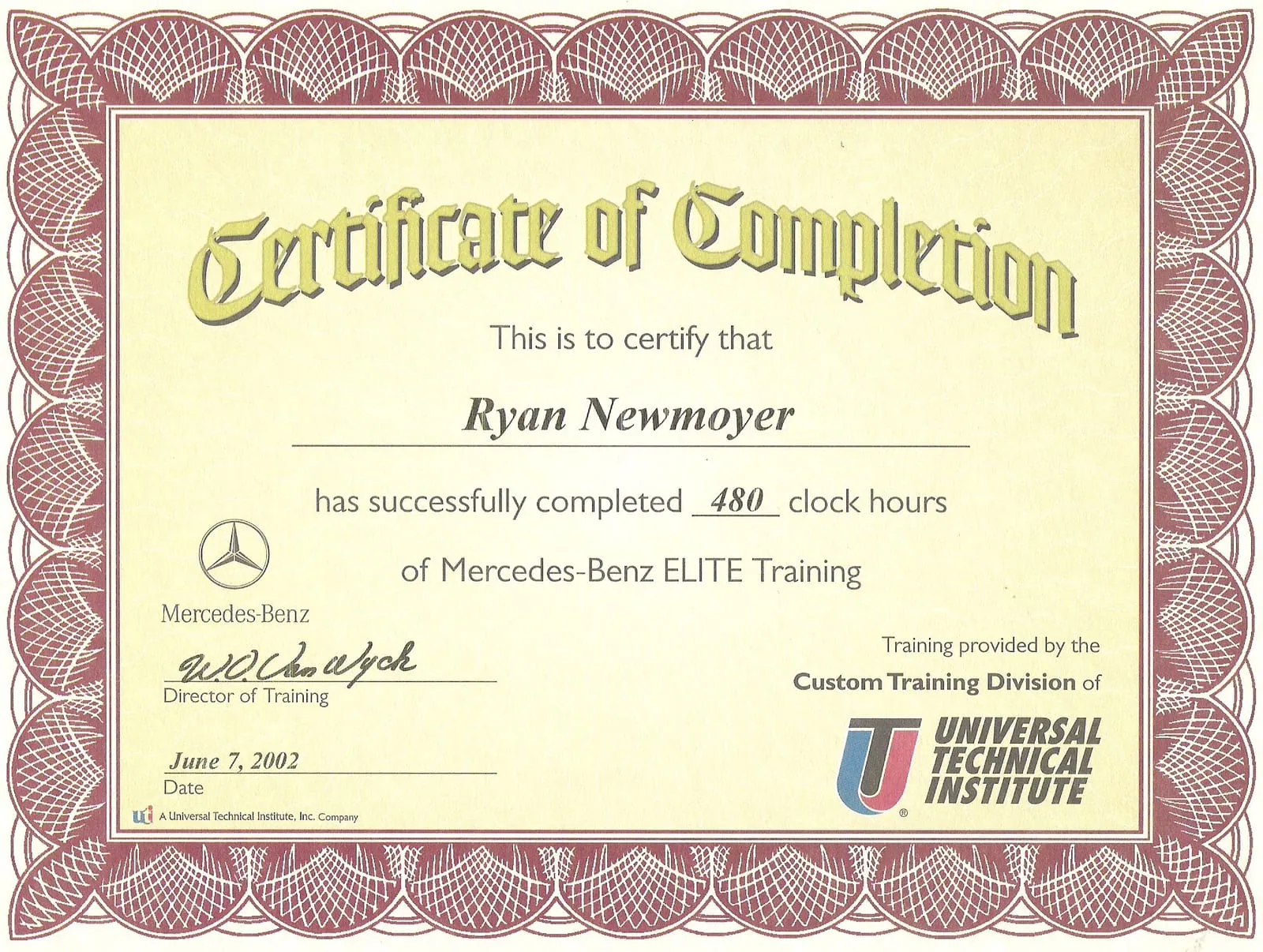Certificate of completion for 480 clock hours of Mercedes-Benz ELITE Training awarded to Ryan Newmoyer, June 2002