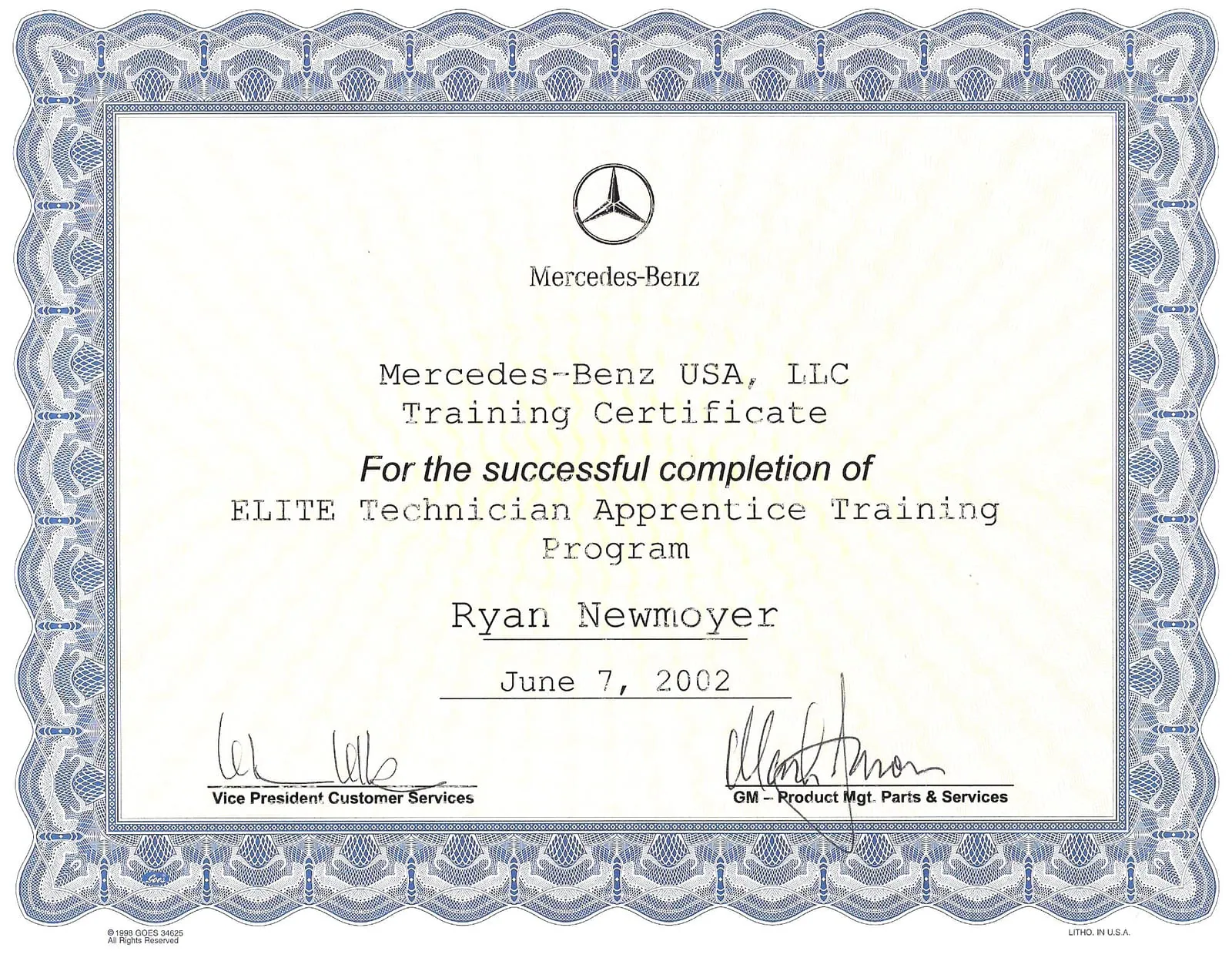 Mercedes-Benz USA training certificate for completion of the ELITE Technician Apprentice Training Program, Ryan Newmoyer, June 2002